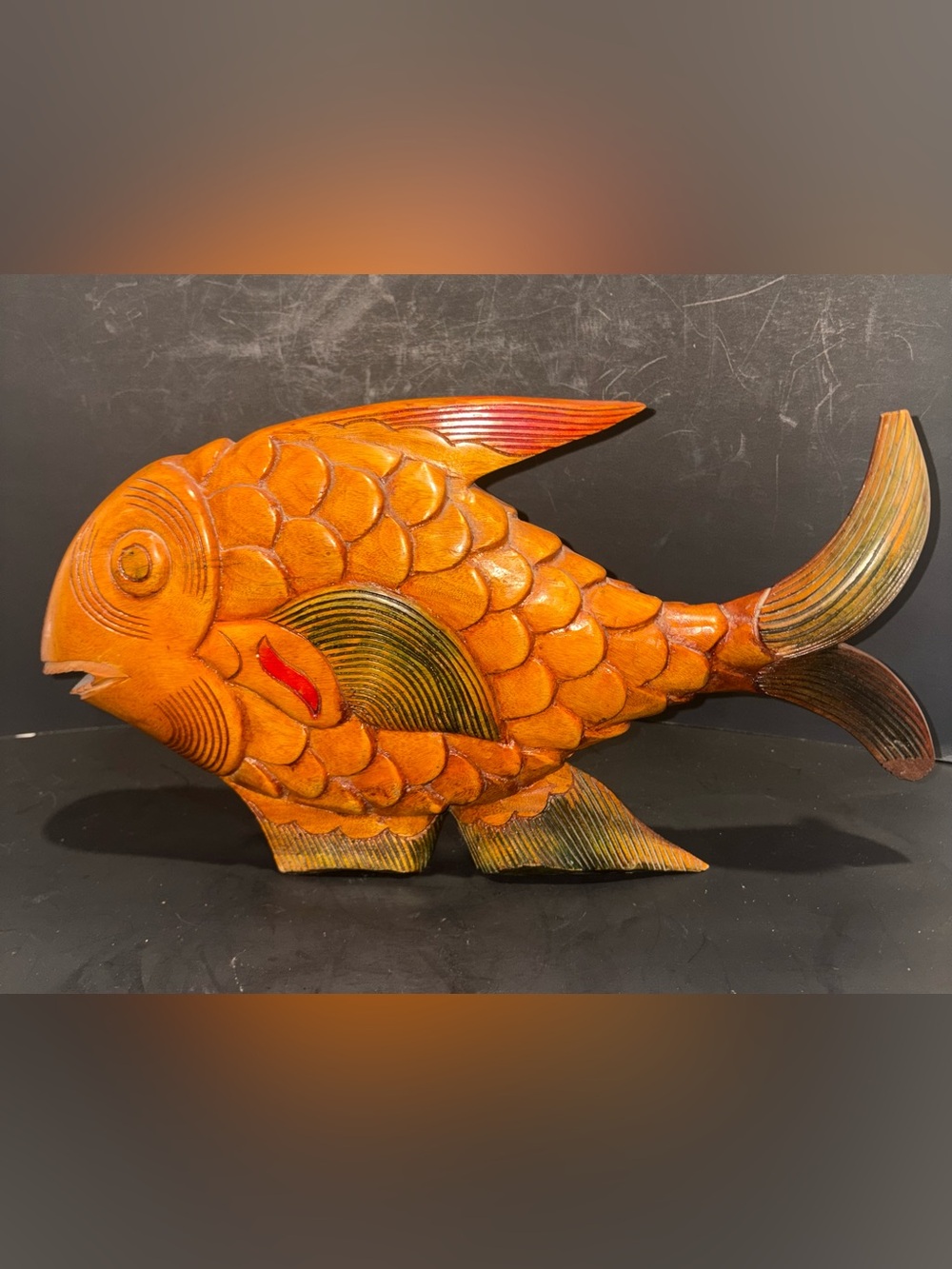 Handcrafted Wood Orange Fish Décor Vintage